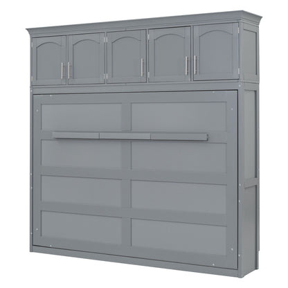 Queen Size Murphy Modern Bed With Top Cabinets For Space Saving And Comfort - Gray