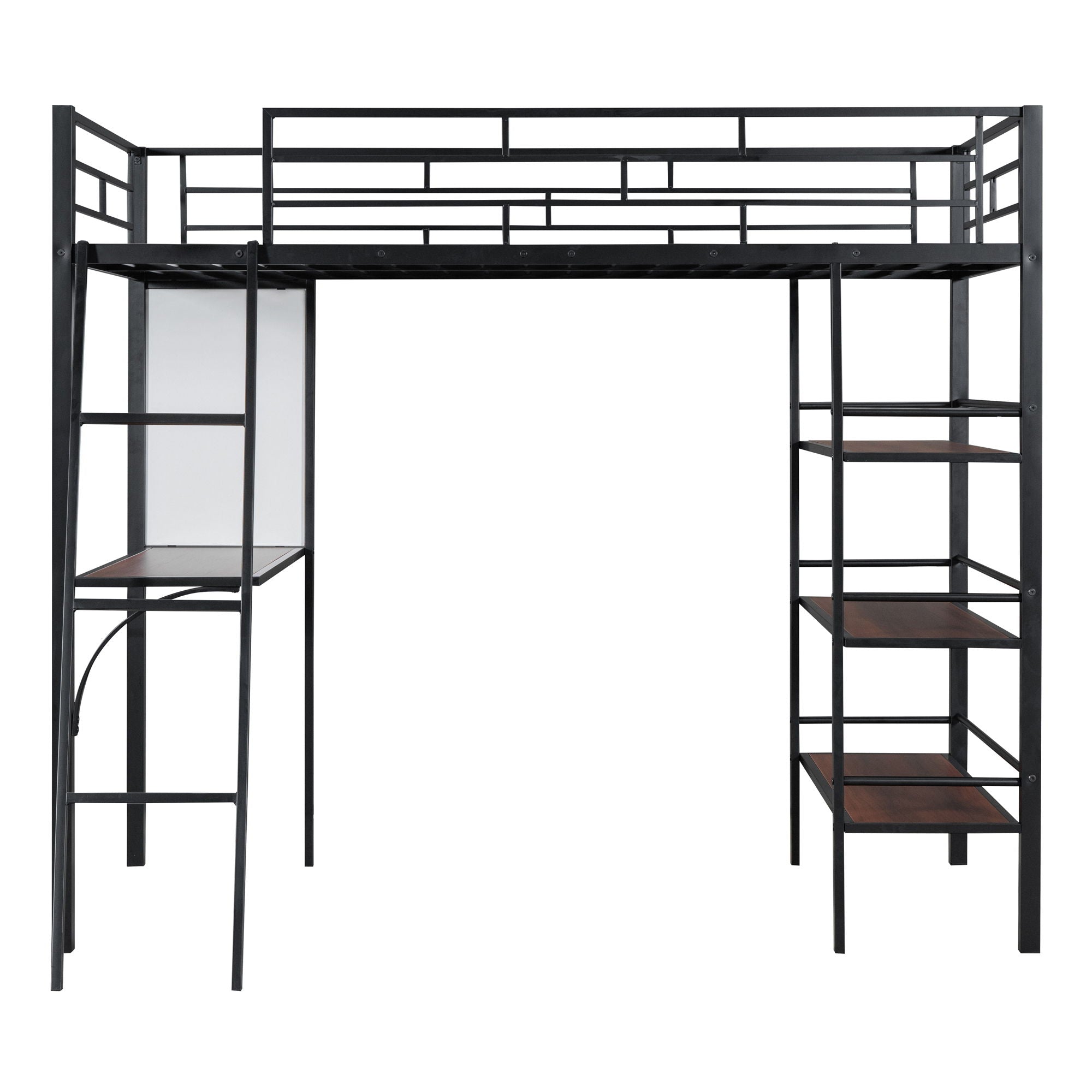 Twin Size Loft Bed With 3 Layers Of Shelves And Desk, Stylish Frame Bed - Black