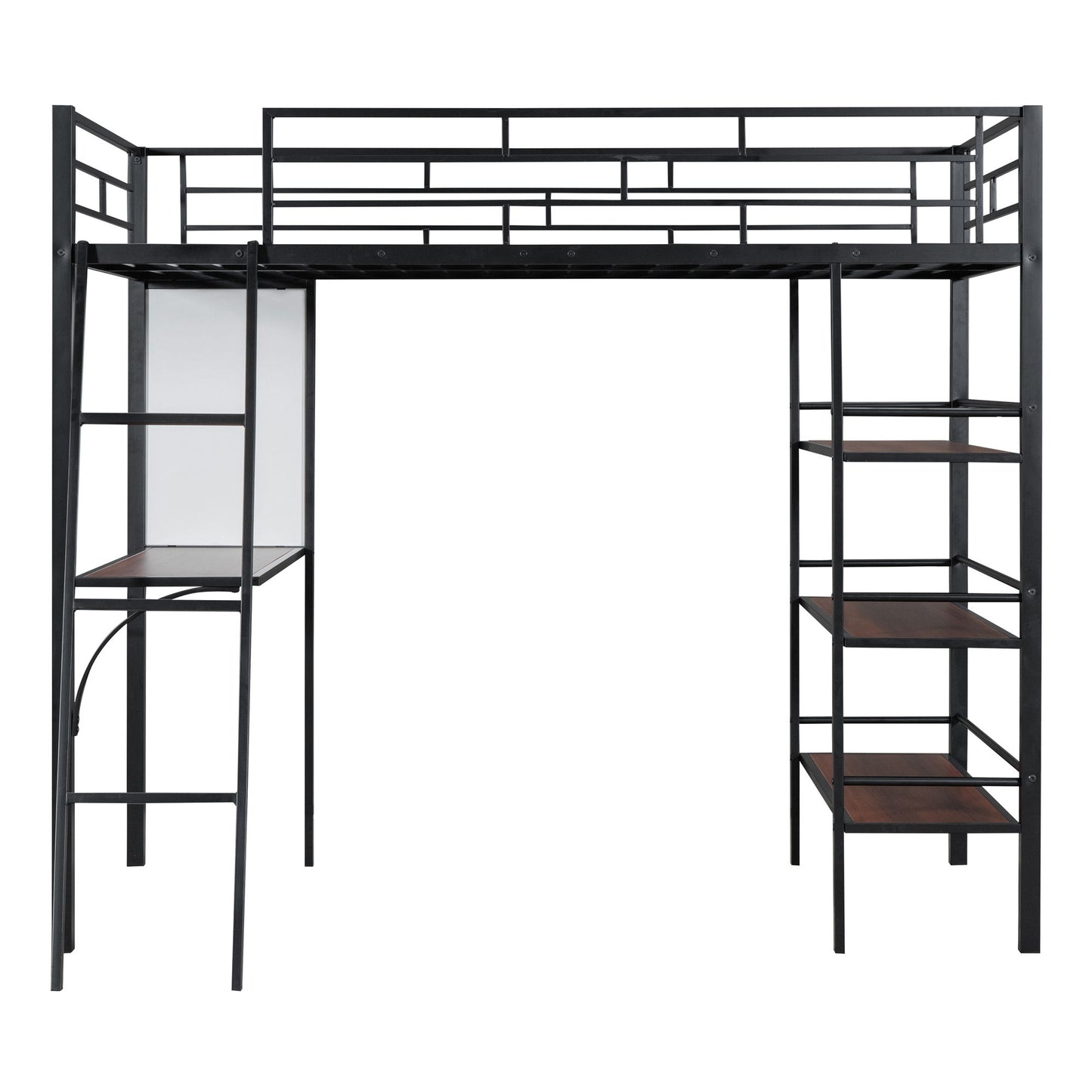 Twin Size Loft Bed With 3 Layers Of Shelves And Desk, Stylish Frame Bed - Black