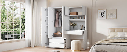 3 Door Storage Desk Wardrobe For Bedroom With Shelves And 3 Drawers - White