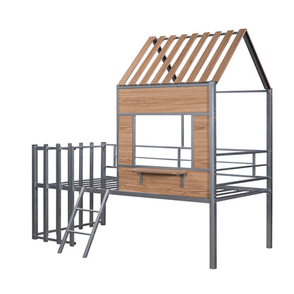 Twin Size Loft Bed With Roof, Window, Guardrail, Ladder - Silver