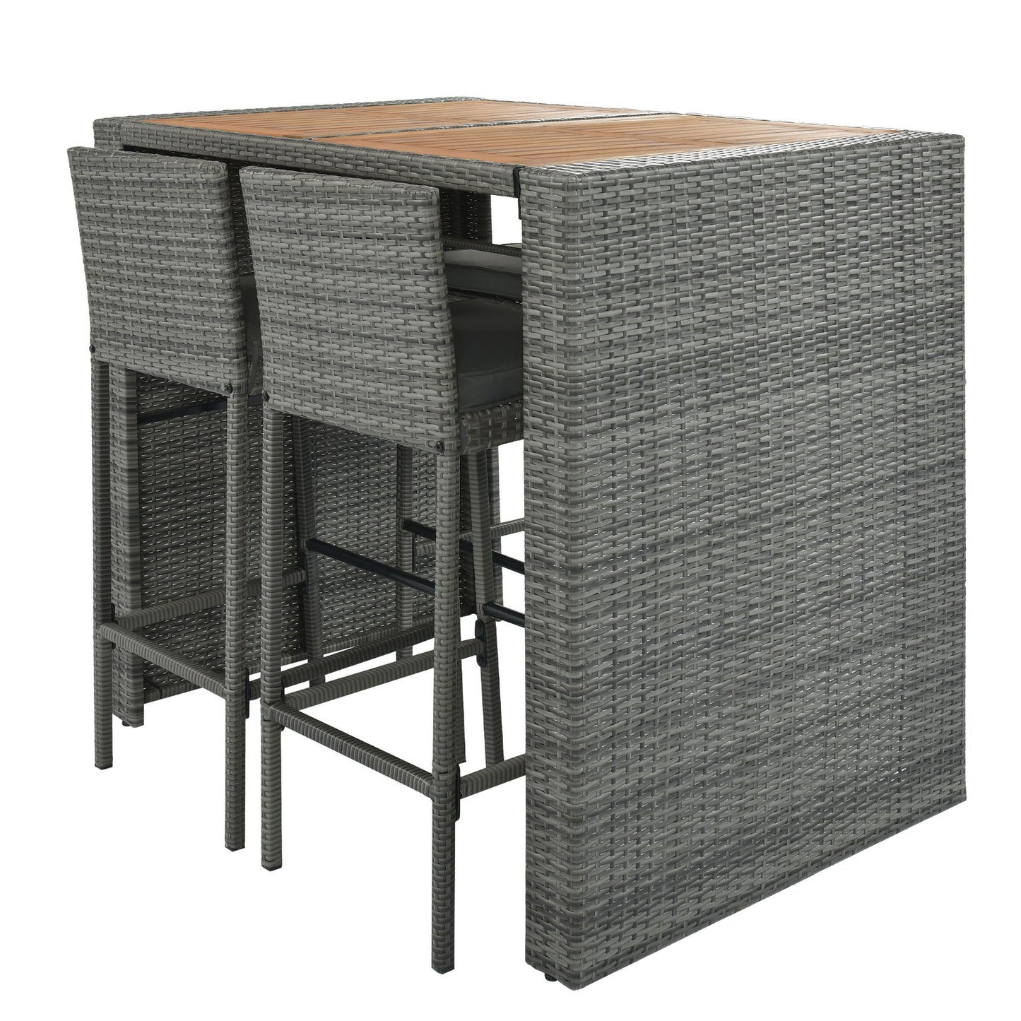 5 Pieces Outdoor Patio Wicker Bar Set, Bar Height Chairs With Non-Slip Feet And Fixed Rope, Removable Cushion, Acacia Wood Table Top - Brown / Gray
