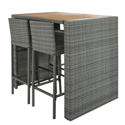 5 Pieces Outdoor Patio Wicker Bar Set, Bar Height Chairs With Non-Slip Feet And Fixed Rope, Removable Cushion, Acacia Wood Table Top - Brown / Gray