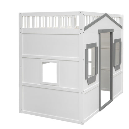 Twin Size House Loft Bed With Ladder - White / Gray
