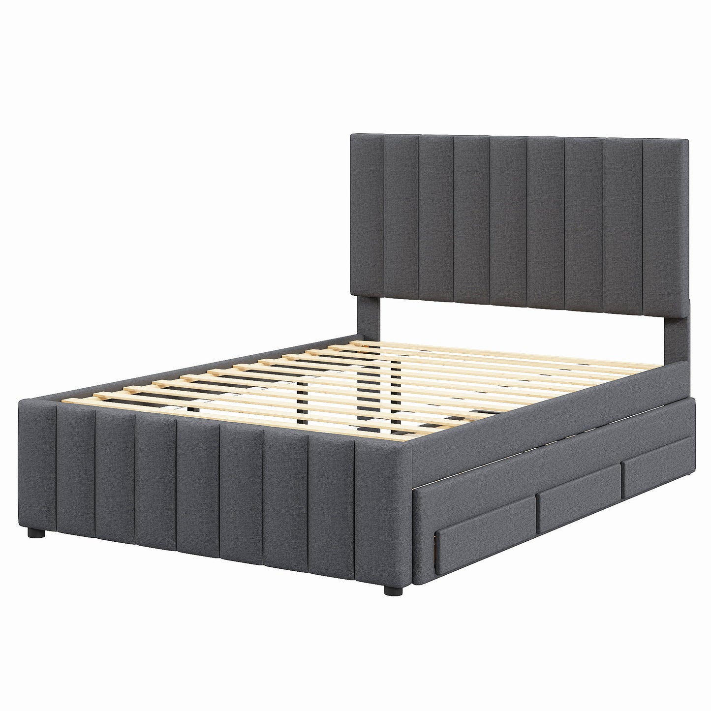 Full Size Upholstered Platform Bed With Twin Size Trundle And 3 Drawers - Gray