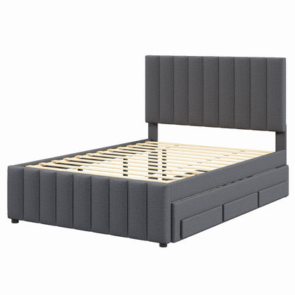 Full Size Upholstered Platform Bed With Twin Size Trundle And 3 Drawers - Gray