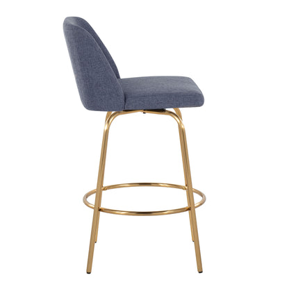 Toriano - Contemporary Fixed Height Counter Stool With Swivel With Round Footrest (Set of 2) - Blue / Gold