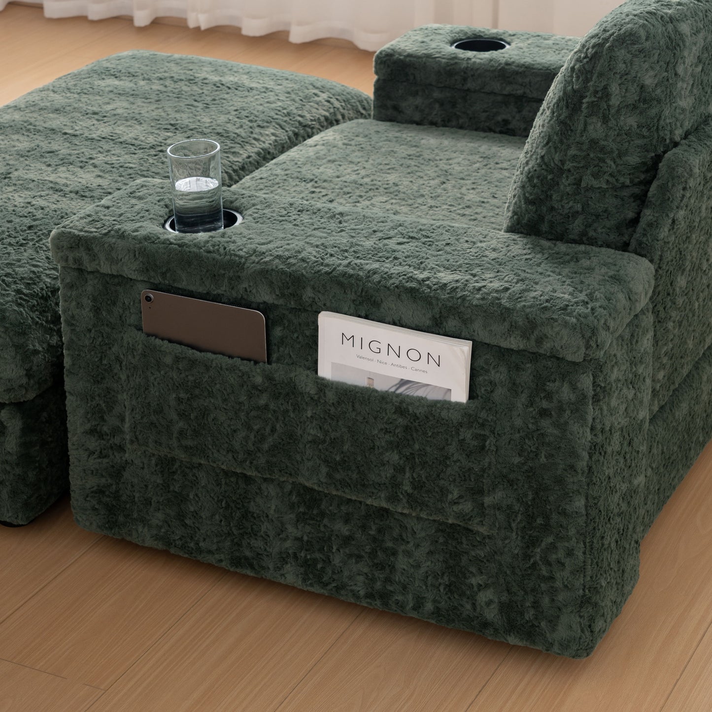 Oversized Chaise Lounge Indoor Rabbit Fur Sofa Bed With Storage Ottoman And Armrests Cup Holders With Deep Seat - Green