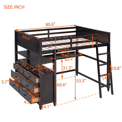 Full Size Loft Bed With Drawers And Desk With Shelves - Espresso