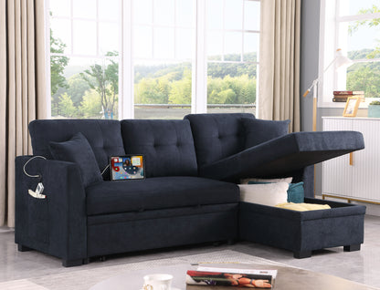 Sectional Sofa Bed L Shaped Sofa Couch Bed With USB Port, Reversible Sofa Sleeper With Pull Out Bed, Chaise With Storage, Pull Out Couch For Living Room - Black
