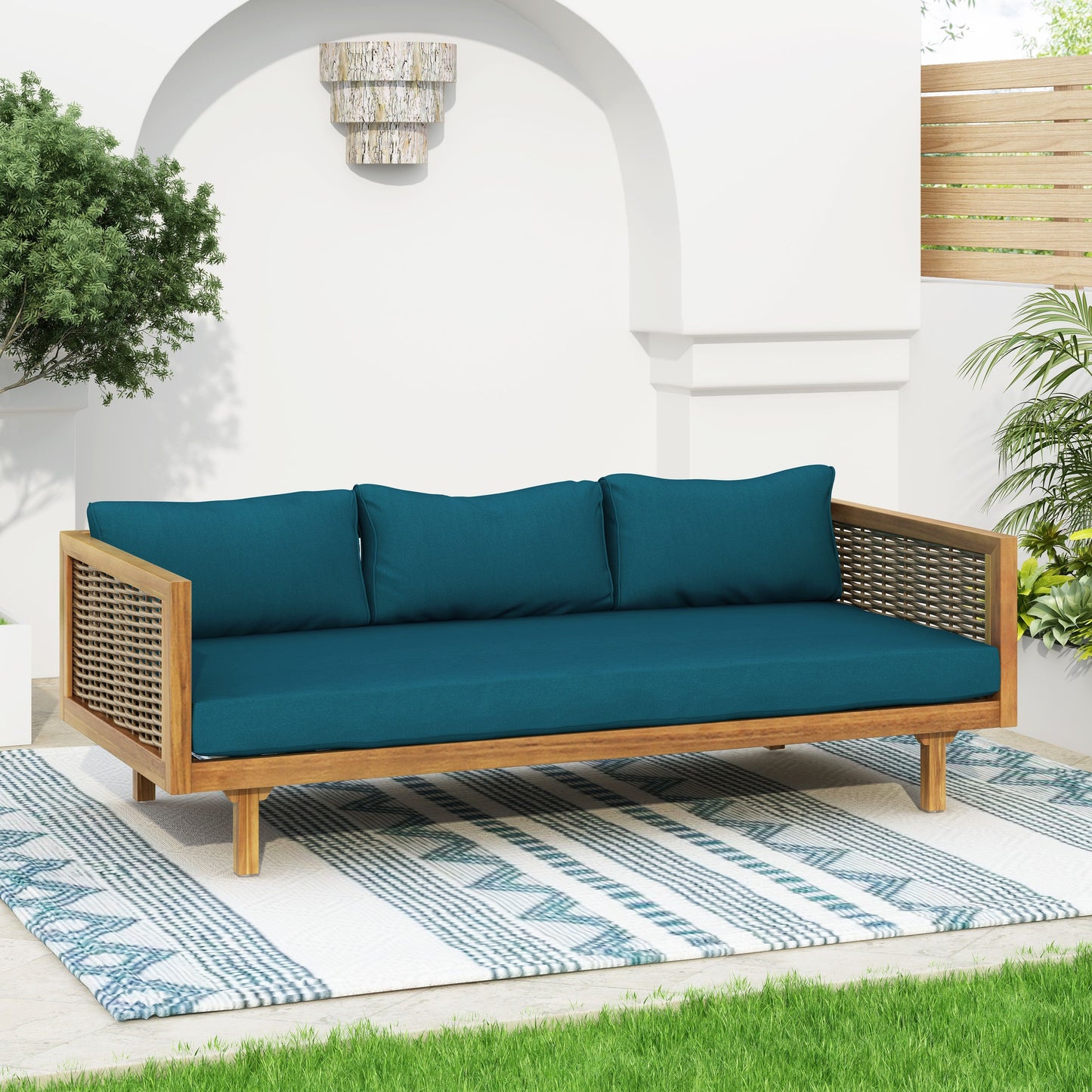 Claremont - 3 Seater Daybed With Rattan Arms And Cushions, Acacia Wood Frame - Teak / Teal