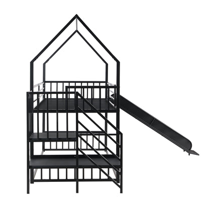 Twin Size Metal Bunk Bed House Bed With Slide And Staircase - Black