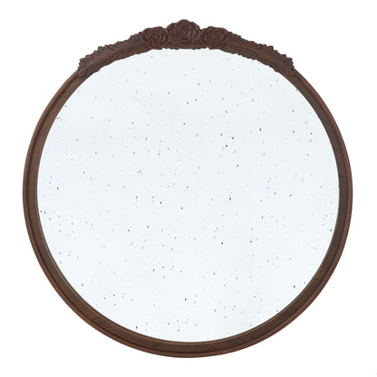 Round Hand Carved Rose Antique Mirror Frame, Wall Mirror For Live Space, Bathroom, Entryway Wall Decor - Brown