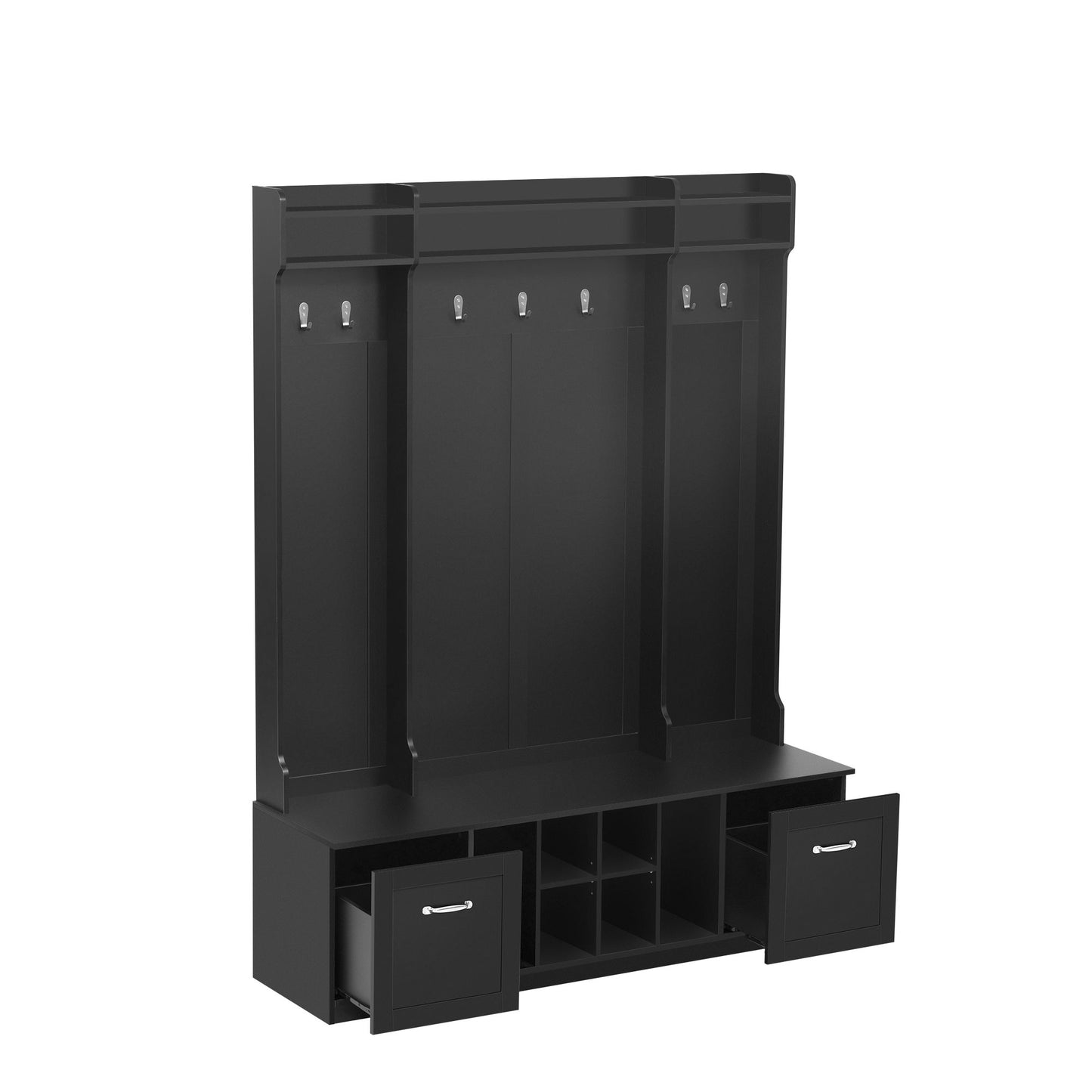 5 In 1 Entryway Bench With Coat Rack, 7 Sturdy Hooks, 2 Spacious Drawers And Adjustable Shelves, Wide Hall Tree With Metal Handles For Hallway - Black