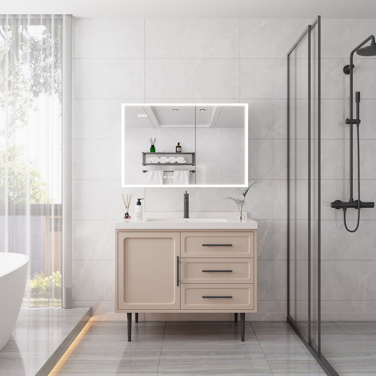 Bathroom Medicine Cabinet With Lights, LED Medicine Cabinet With Mirror, Double Door Lighted Medicine Cabinet & Defogger, Dimmer, Clock & Temp Display, 2 Outlets & USB Ports - Silver