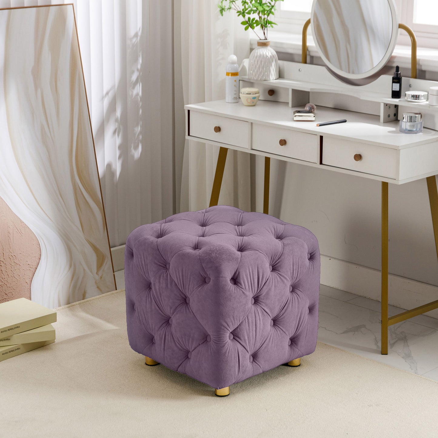 Modern Velvet Upholstered Ottoman, Exquisite Small End Table, Soft Foot Stool, Dressing Makeup Chair, Comfortable Seat For Living Room, Bedroom, Entrance - Purple