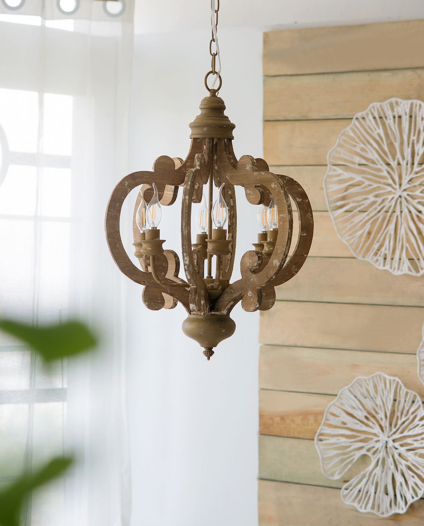 Farmhouse Chandelier, 6 Light Wood Chandelier Pendant Light Fixture With Adjustable Chain For Dining Room Living Room Entryway, Bulb Not Included - Beige Brown