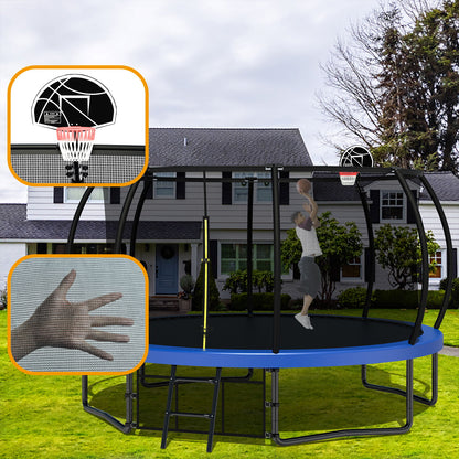 12Ft Recreational Kids Trampoline With Safety Enclosure Net & Ladder, Outdoor Recreational Trampolines - Blue
