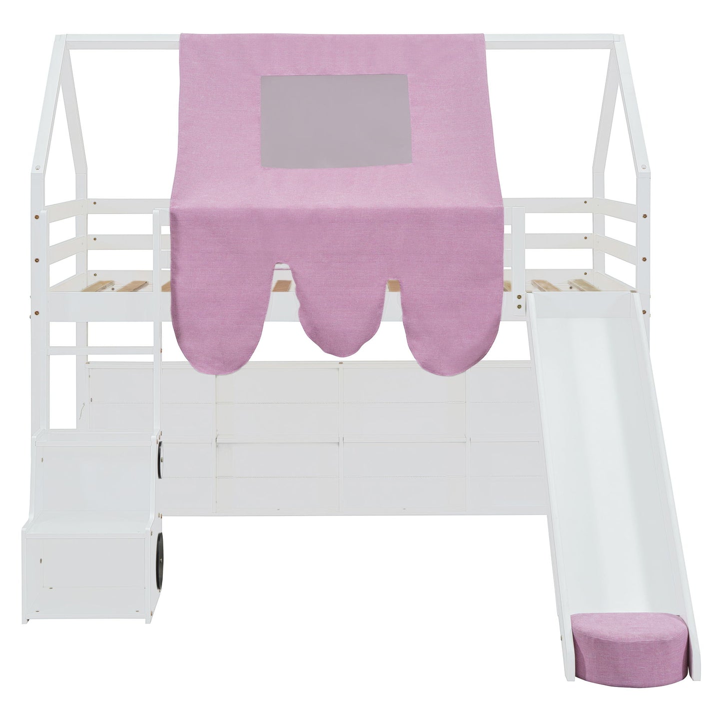 Twin Size Charming House Shaped Loft Bed With Tent And Slide - White / Pink