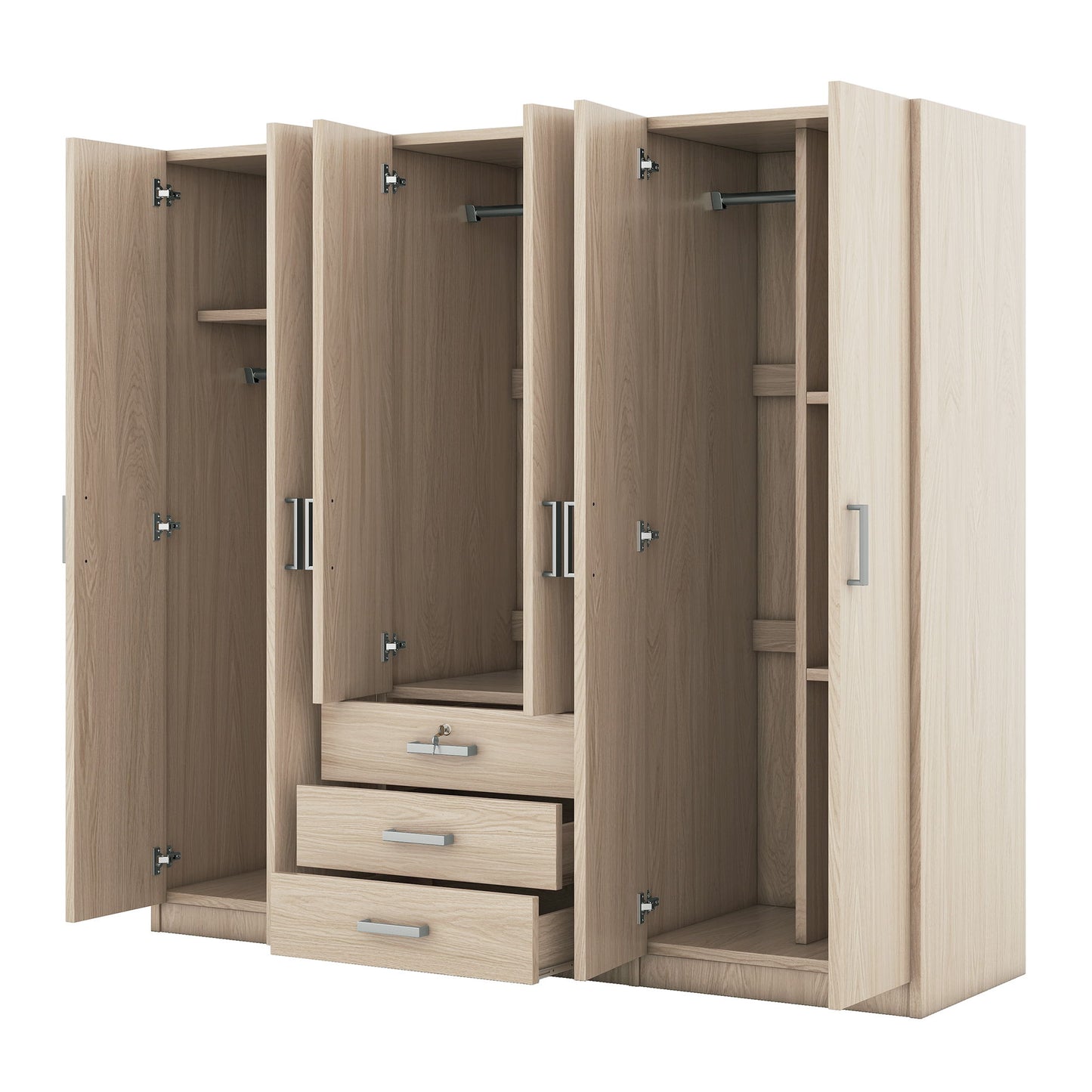 6 Doors Wardrobe Storage For Bedroom, With Big Drawers - Brown