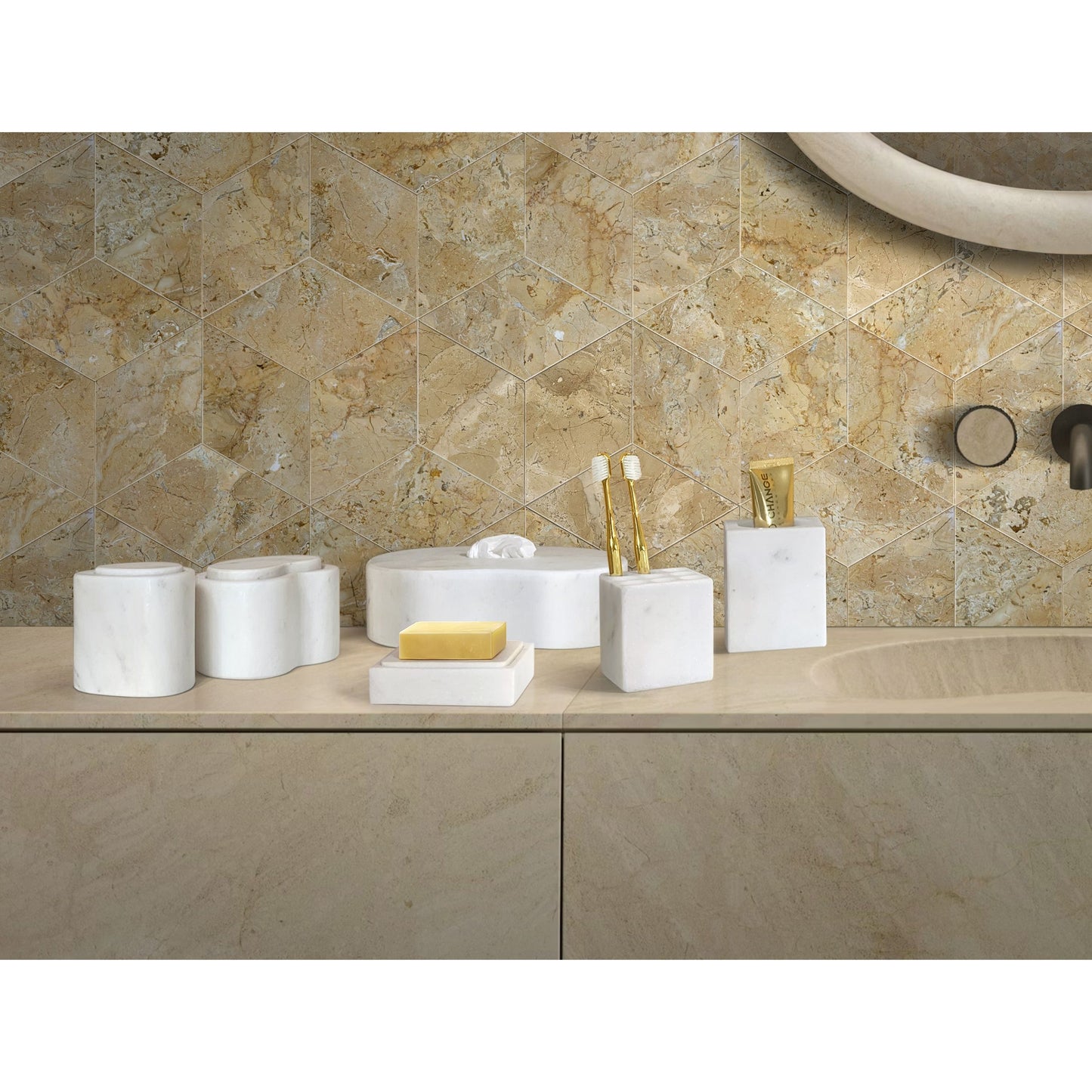 Marble Bathroom Accessories Set - Natural Stone - White / Natural