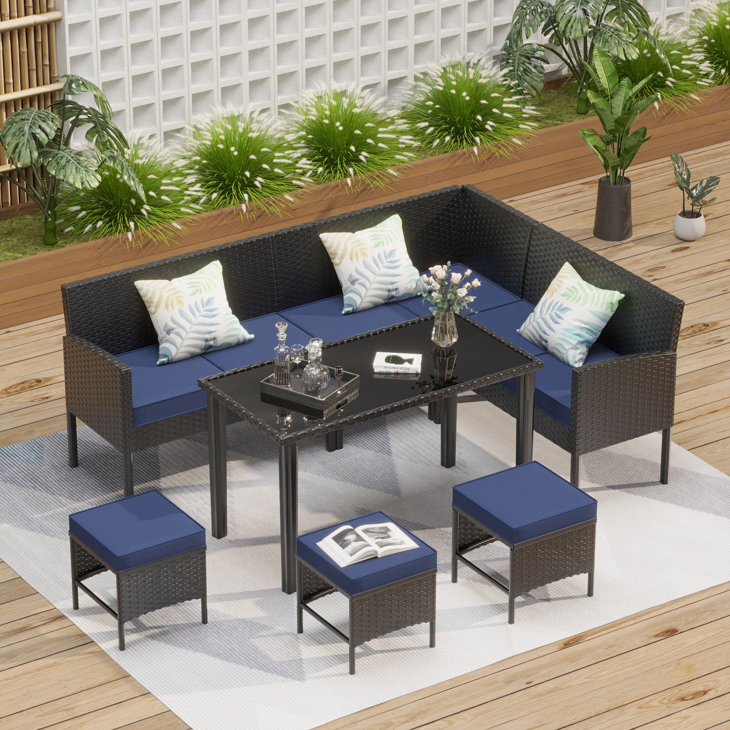 7 Piece Outdoor Furniture Set Waterproof Cushions Glass Table Space Saving - Blue