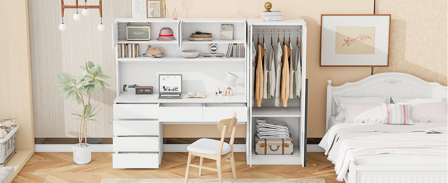 2 Door Storage Desk Wardrobe For Bedroom With Shelves And Drawers - White