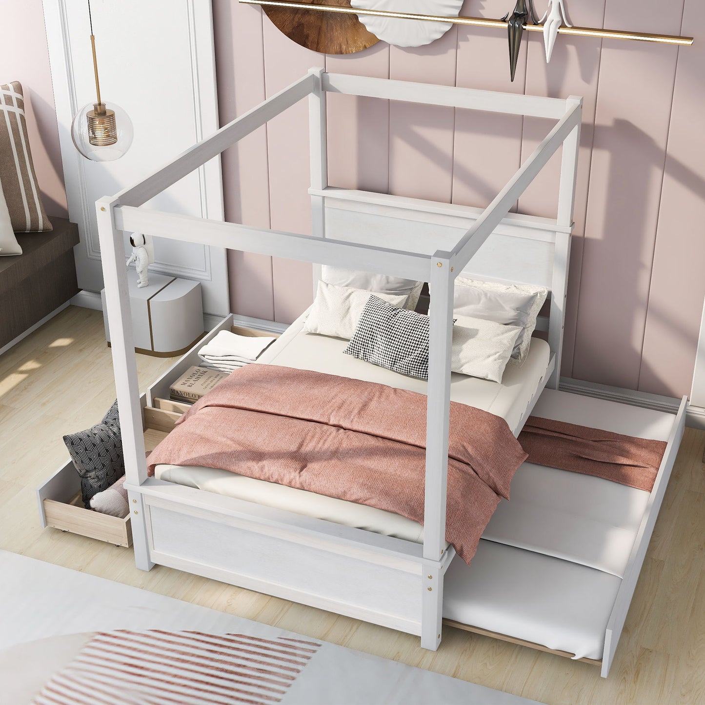 Full Size Canopy Platform Bed With Trundle Bed And 2 Drawers, Support Slats, No Box Spring Needed - Brushed White