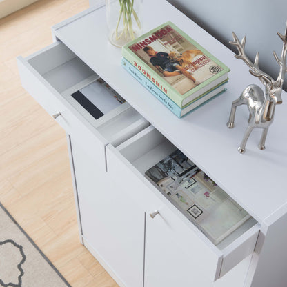 Shoe Storage Cabinet With Fives Shelves, Two Drawers, Fits 15 Pairs Of Shoes - White