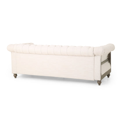Comfy 3 Seat Sofa With Wooden Legs, Retro Style For Living Room - Beige