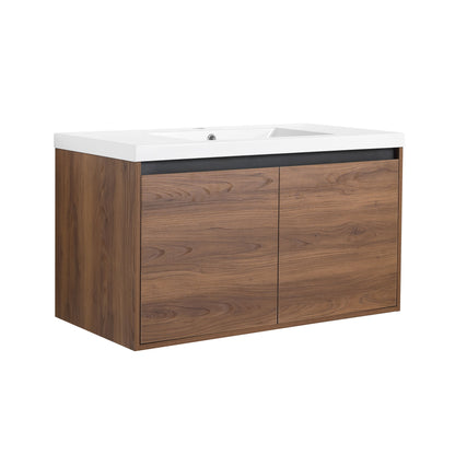 36" Bathroom Vanity Set With Resin Countertop Sink And 2 Doors - Brown