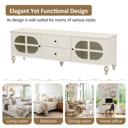 Modern TV Stand For TVs Up To 75", Entertainment Center Media Console With Fluted Glass Doors, 5 Solid Wood Legs For Living Room - Antique White