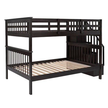 Full Over Full Stairway Bunk Bed With Storage And Guard Rail For Bedroom - Espresso