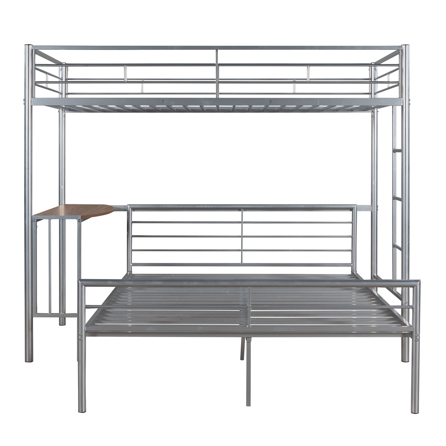 Twin Over Full Bunk Bed With Desk, Ladder And Quality Slats For Bedroom - Silver