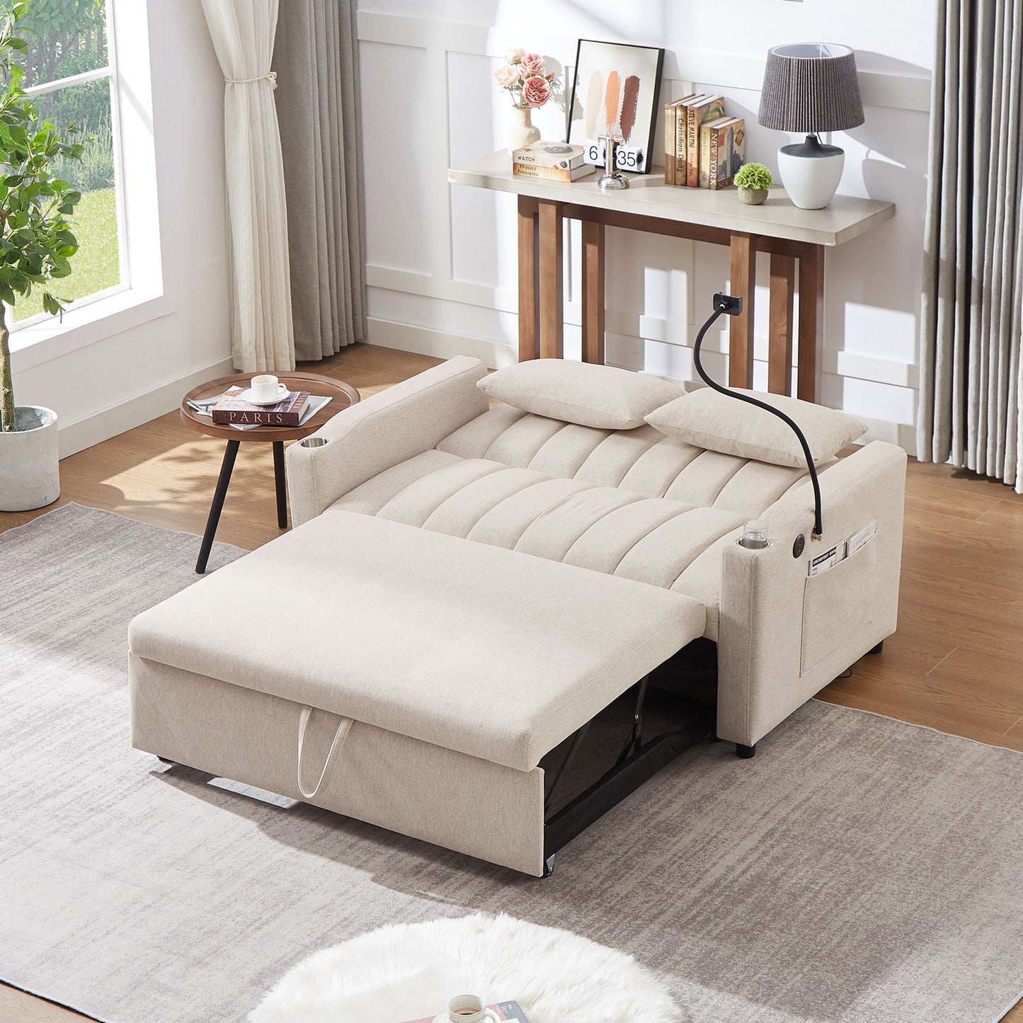 Convertible Sofa Bed Loveseat Sofa With Three USB Ports, Two Side Pockets, Two Cup Holders And 360ÔøΩÔøΩÔøΩÔøΩÔøΩÔøΩÔøΩÔøΩÔøΩÔøΩÔøΩÔøΩÔøΩÔøΩÔøΩÔøΩÔøΩÔøΩÔøΩÔøΩÔøΩÔøΩÔøΩÔøΩÔøΩÔøΩÔøΩÔøΩÔøΩÔøΩÔøΩÔøΩÔøΩ swivel Phone Holder For Living Room - Beige