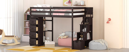 Twin Size Loft Bed With Storage Drawers And Stairs With Shelves - Espresso
