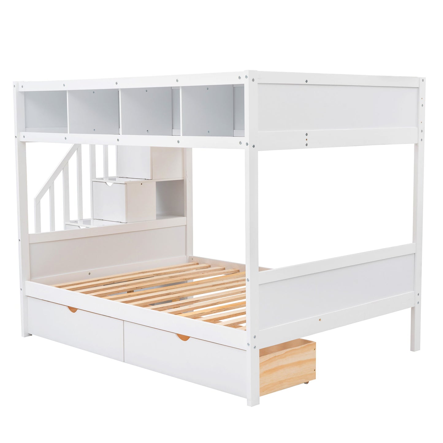 Twin Over Full Bunk Bed With Shelfs, Storage Staircase And 2 Drawers - White