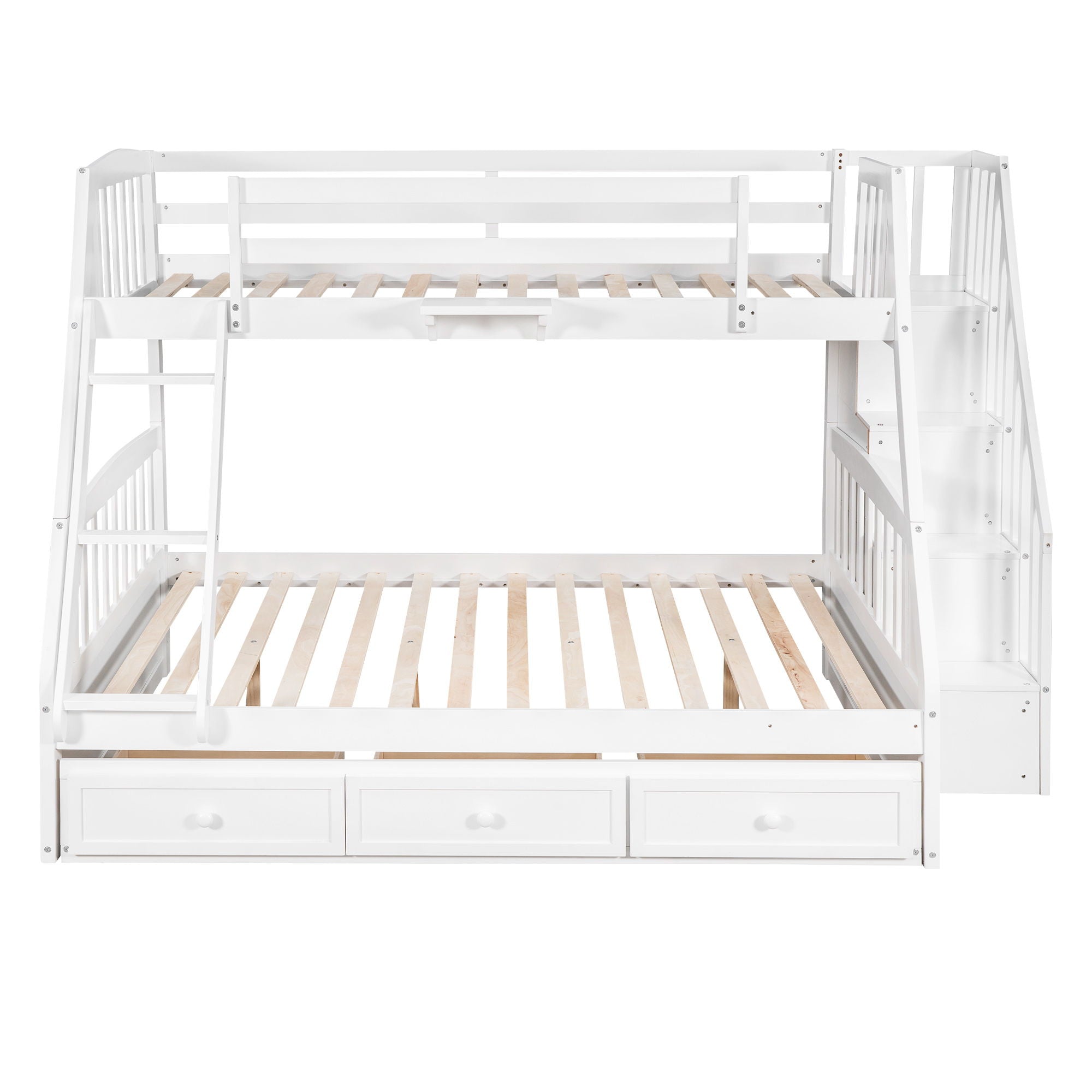 Twin Over Full Bunk Bed With Drawers, Ladder And Storage Staircase - White