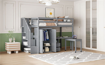 Twin Size Loft Bed With Stairs, Bookshelf, Drawers, Desk & Wardrobe, Space Saving Multifunctional Furniture - Gray