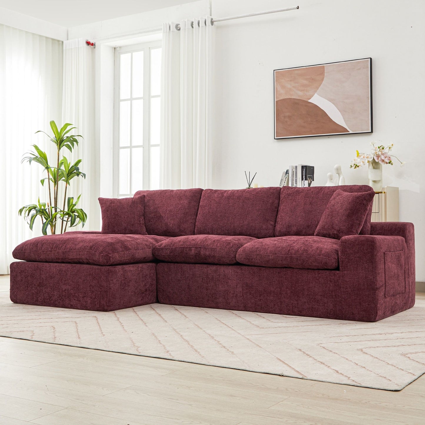 Cloud Sectional Sofa Upholstered Sofa Couch With Double-Layer Cushion And Side Pockets - Red