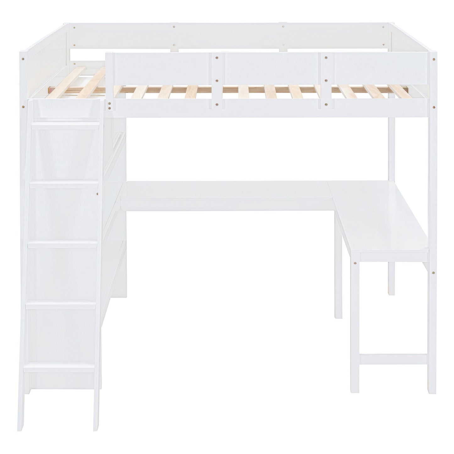 Full Size Loft Bed With Desk And Storage Shelves - White
