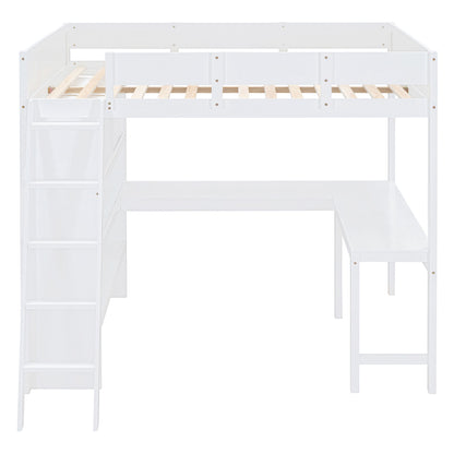 Full Size Loft Bed With Desk And Storage Shelves - White