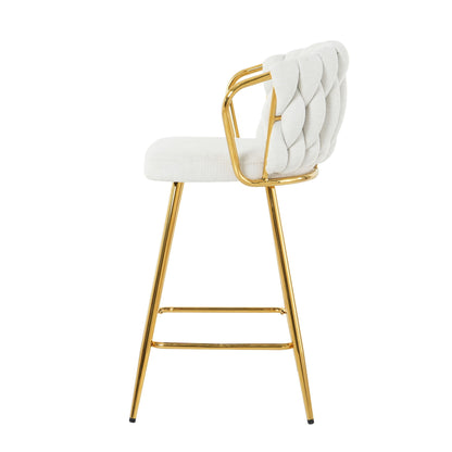 Modern Design High Stool With Gold Plated Legs Linen Bar Chair For Kitchen Dining And Cafe (Set of 2) - White