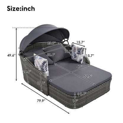 Outdoor Sunbed With Adjustable Canopy, Double Lounge, PE Rattan Daybed Wicker And Cushion - Gray