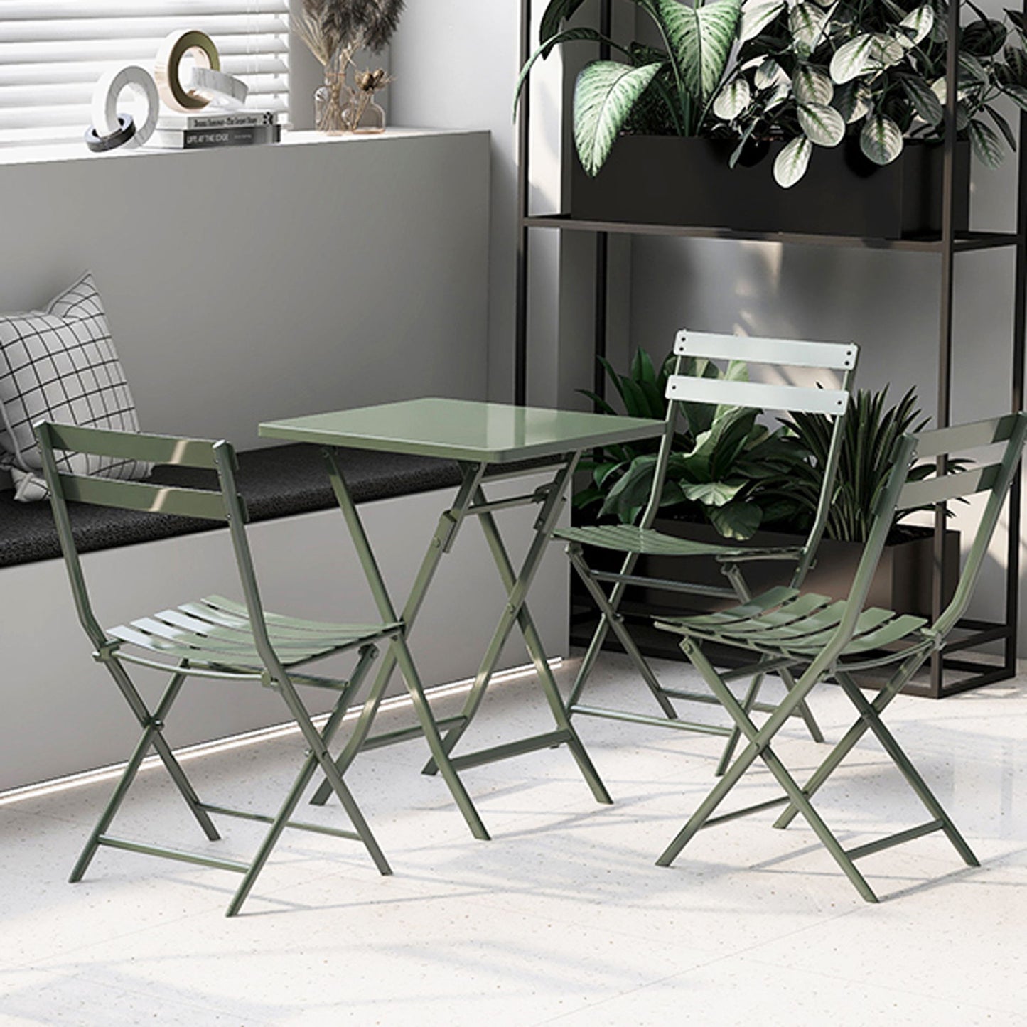 3 Piece Patio Bistro Set Of Foldable Squaretable And Chairs - Dark Green