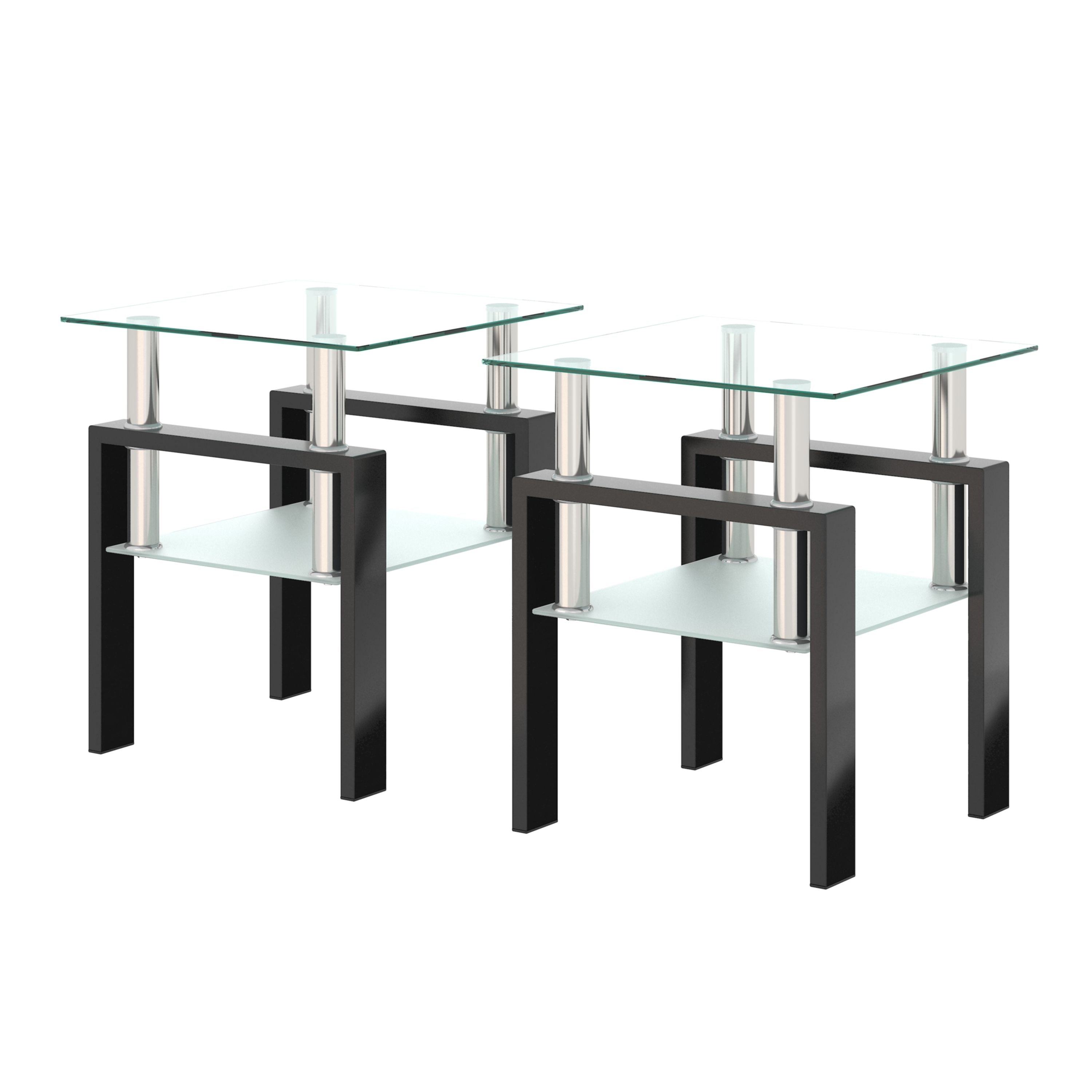 Modern Tempered Glass Tea Table, End Square Table For Living Room (Set of 2) - Transparent / Black