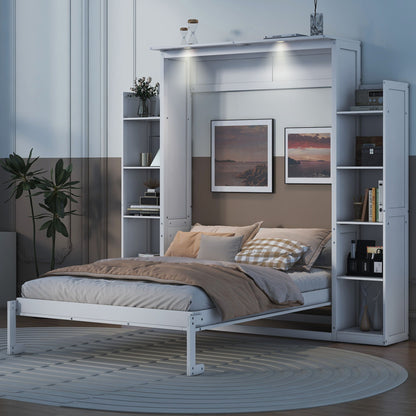 Full Size Murphy Wall Bed With Shelves And LED Lights - White