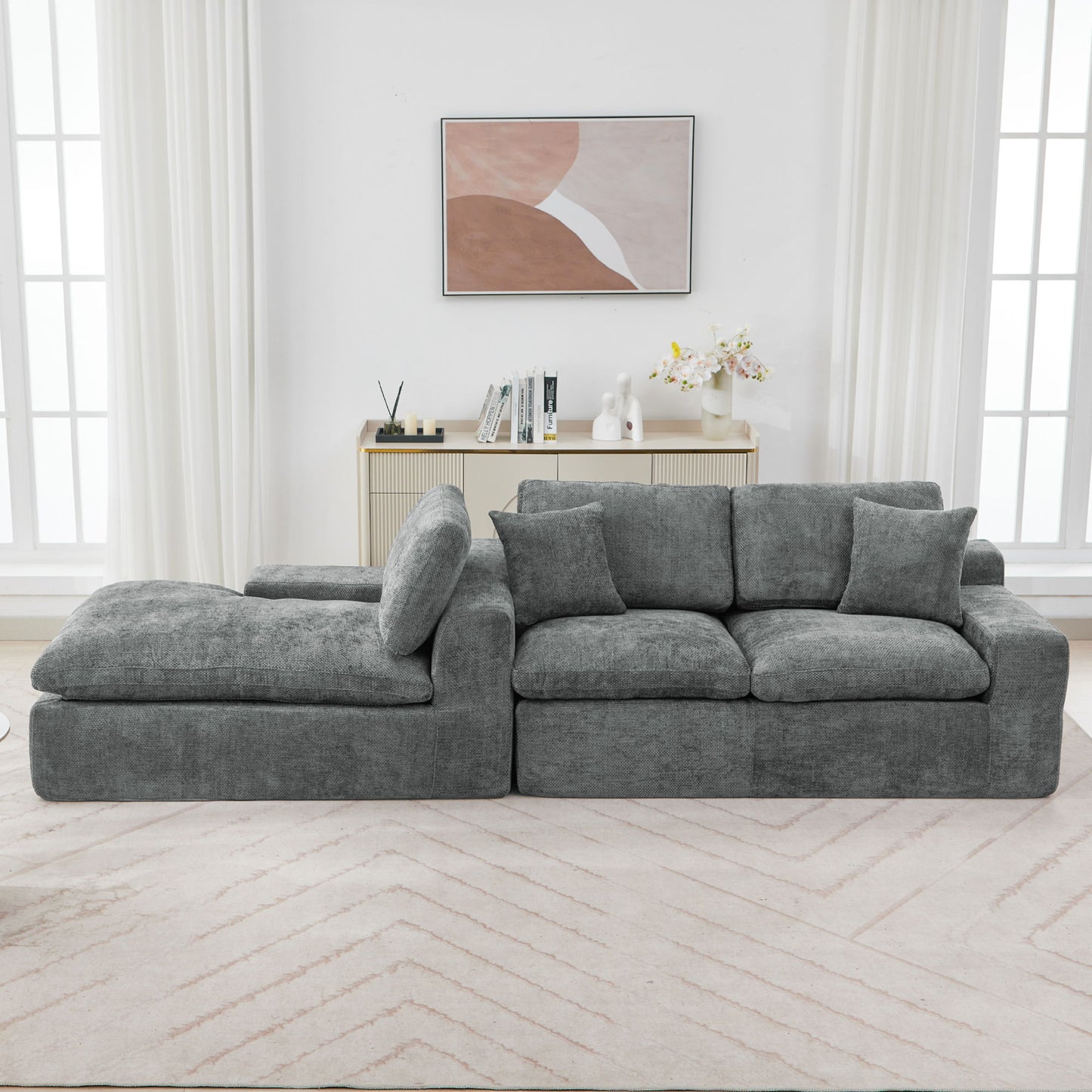 Cloud Sectional Sofa Upholstered Sofa Couch With Double-Layer Cushion And Side Pockets, Free Combined Sectional Sofa Full Compressed Sofa For Living Room - Gray