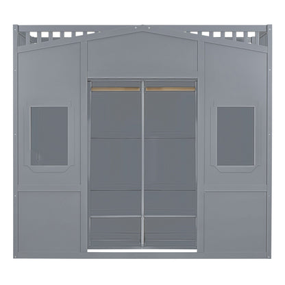 Twin Size House Loft Bed With Ladder And Wardrobe - Gray