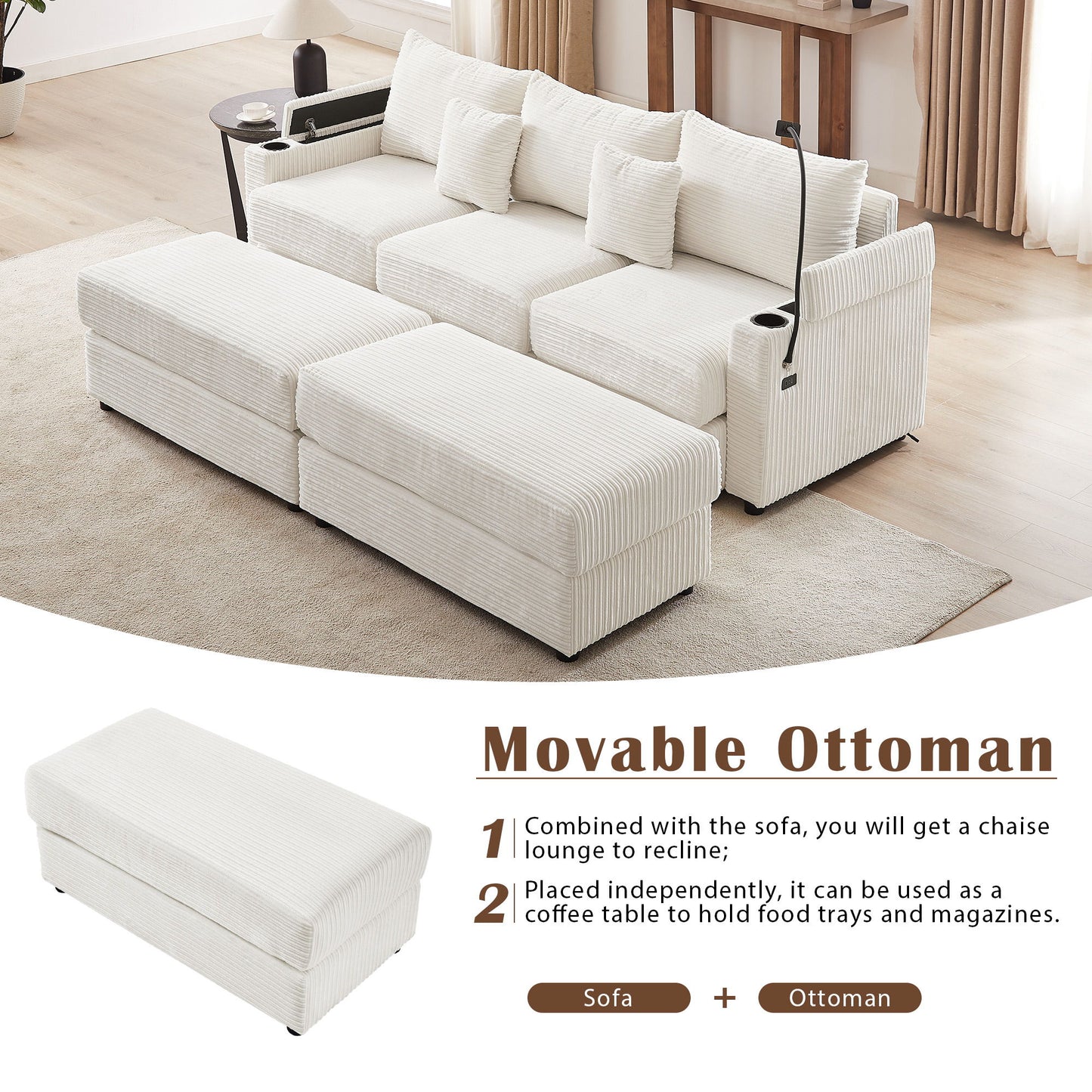 Modern Style 3 Seater Sofa Sectional Sofa Couch With Storage Space, Two Movable Ottomans, Two USB Ports, Two Cup Holders, A Phone Holder For Living Room - Beige